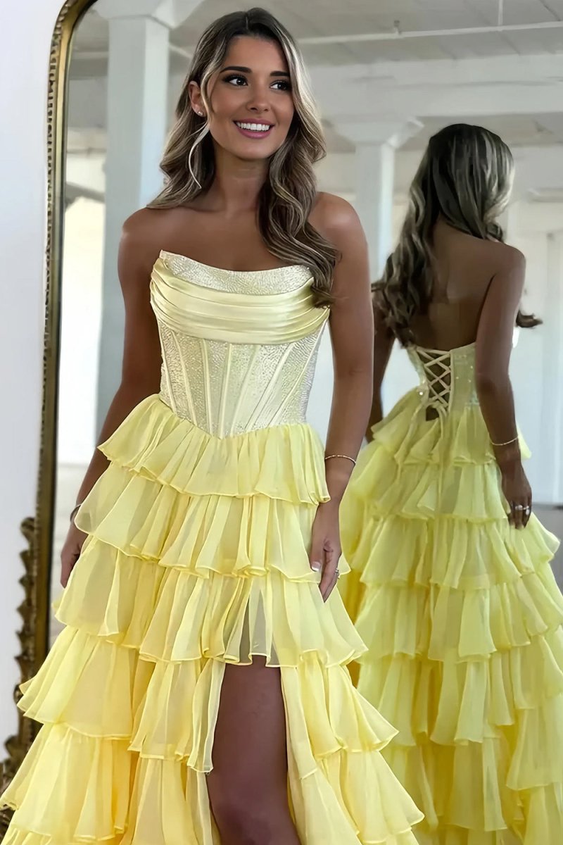 KissProm-Hanya Yellow A Line Strapless Chiffon Beaded Corset Long Prom Dress With Slit