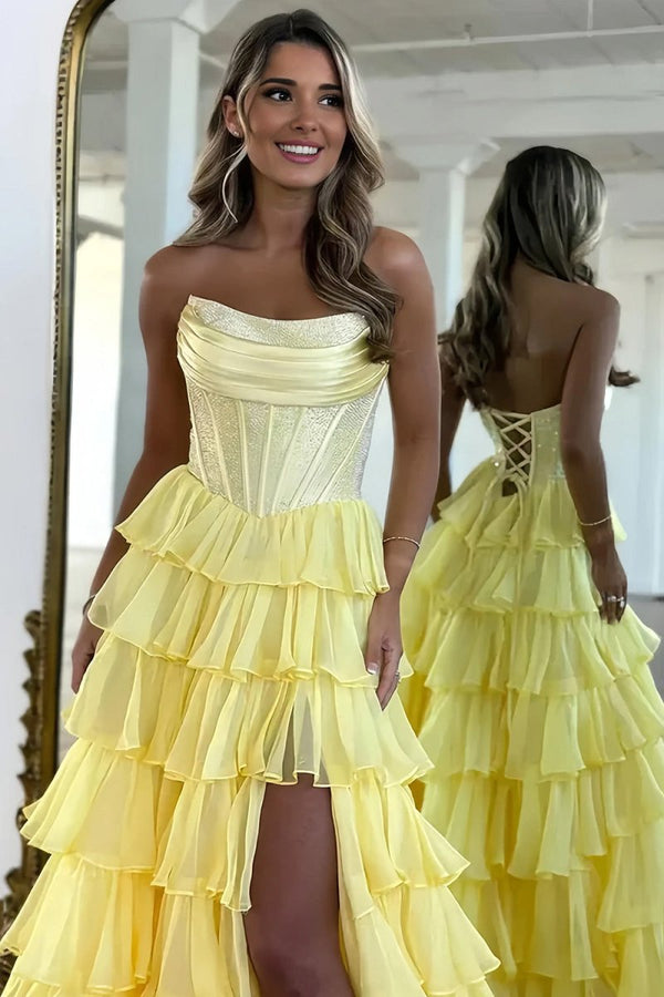 KissProm-Hanya Yellow A Line Strapless Chiffon Beaded Corset Long Prom Dress With Slit