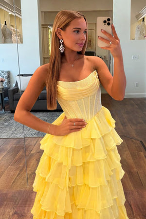 KissProm-Hanya Yellow A Line Strapless Chiffon Beaded Corset Long Prom Dress With Slit