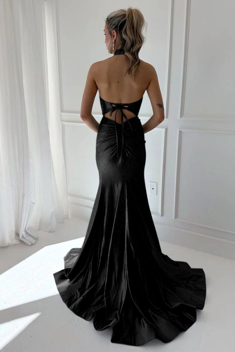 Harlin | Sky Blue - Halter Mermaid Satin Beaded Long Formal Prom Dresses With Slit - KissProm