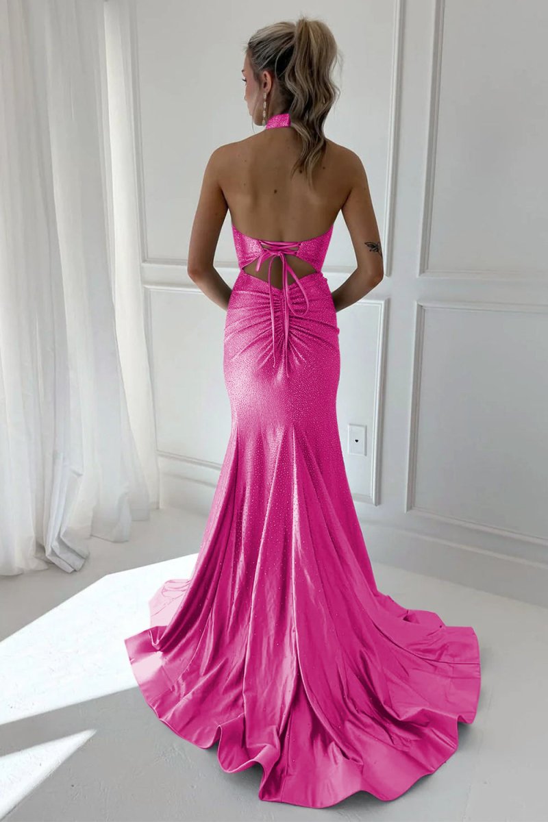 Harlin | Sky Blue - Halter Mermaid Satin Beaded Long Formal Prom Dresses With Slit - KissProm