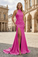 Fuchsia Halter Mermaid Satin Beaded Long Formal Prom Dresses With Slit - KissProm