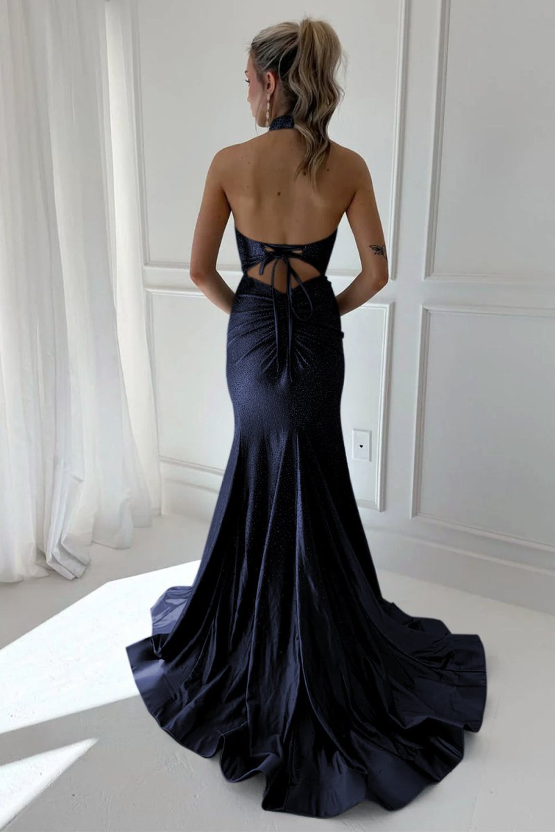 Harlin | Sky Blue - Halter Mermaid Satin Beaded Long Formal Prom Dresses With Slit - KissProm
