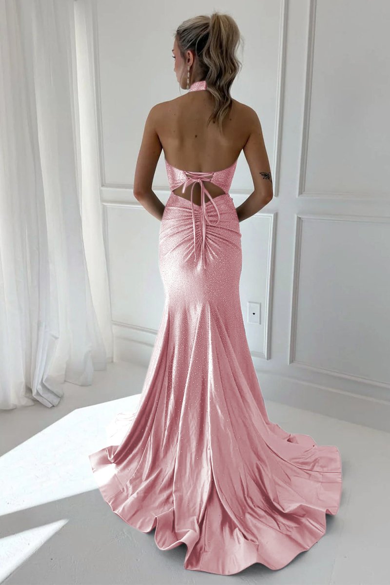 Harlin | Sky Blue - Halter Mermaid Satin Beaded Long Formal Prom Dresses With Slit - KissProm