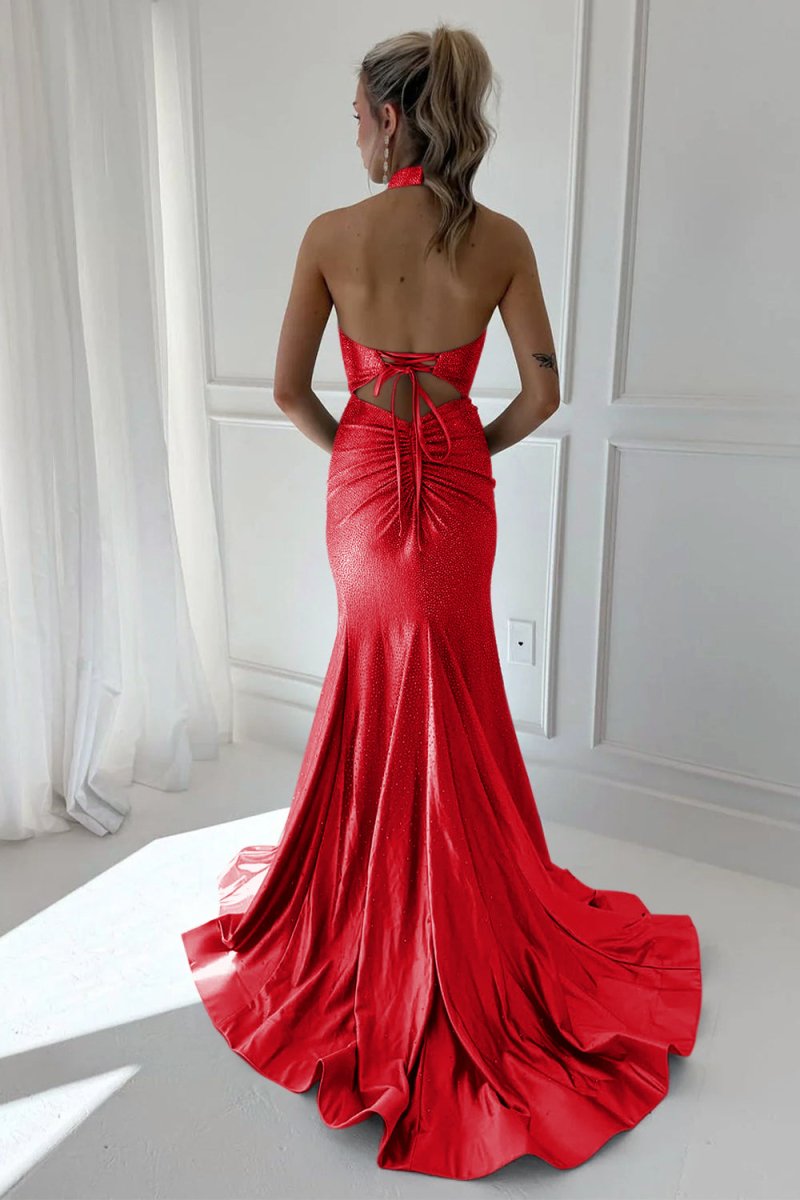 Harlin | Sky Blue - Halter Mermaid Satin Beaded Long Formal Prom Dresses With Slit - KissProm