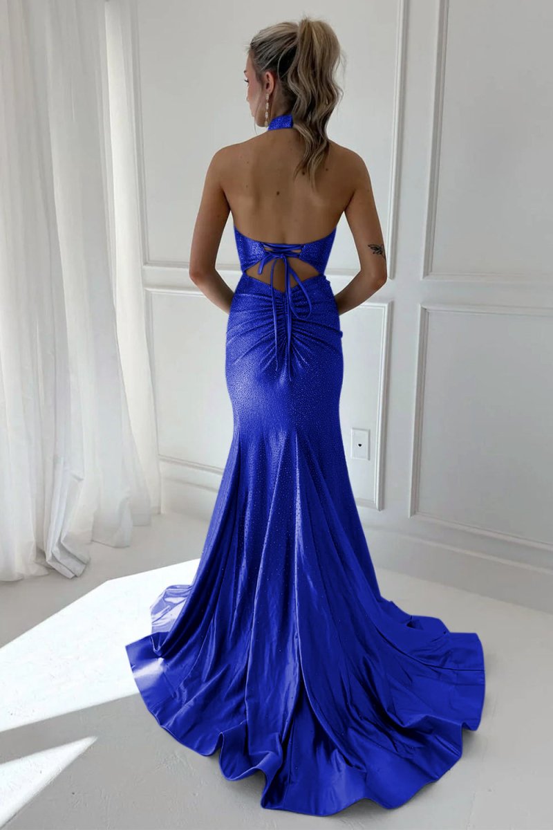 Harlin | Sky Blue - Halter Mermaid Satin Beaded Long Formal Prom Dresses With Slit - KissProm