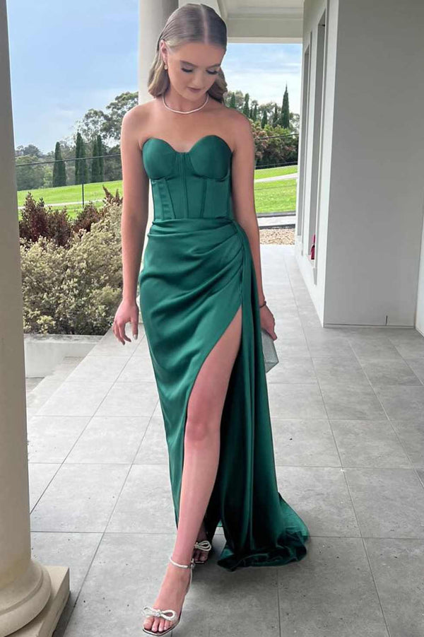 Harriet | Mermaid Strapless Sweetheart Pleated High Slit Satin Long Prom Dress - KissProm