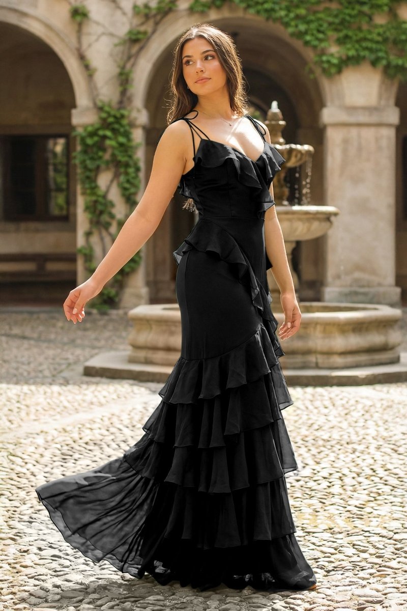 Tie Shoulder Red Mermaid Ruffle Tiered Long Prom Dress with Slit, Black / UK 4 Tie Shoulder Red Mermaid Ruffle Tiered Long Prom Dress with Slit, Black / UK 4