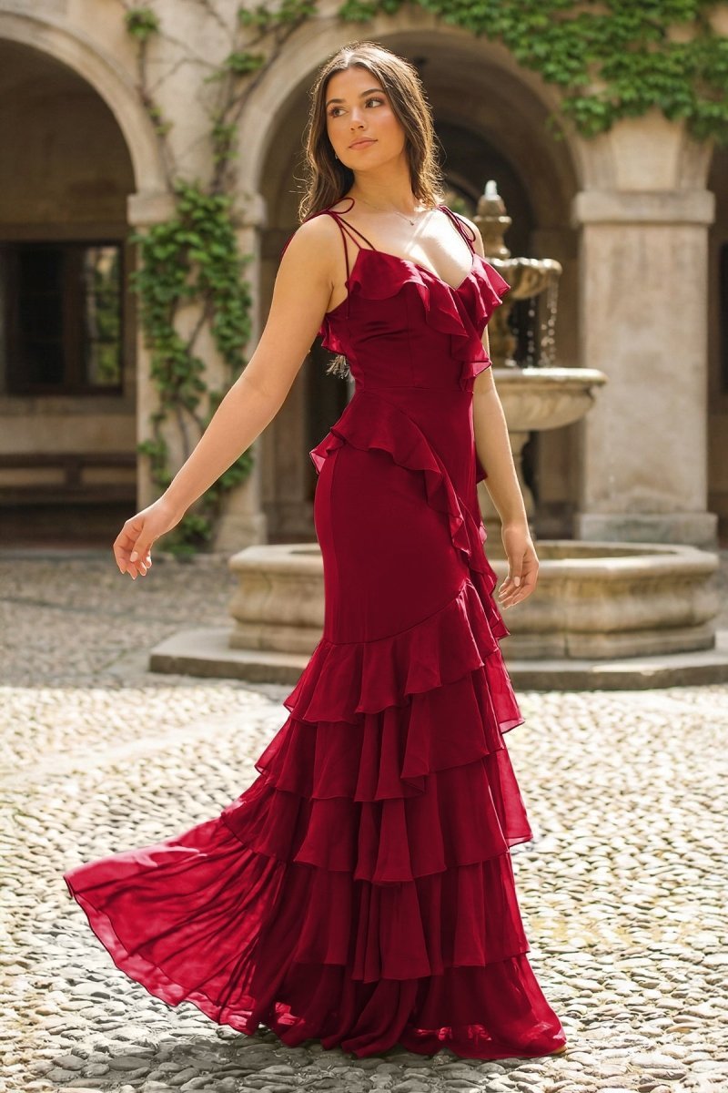 KissProm Tie Shoulder Red Mermaid Ruffle Tiered Long Prom Dress with Slit, Red / 14