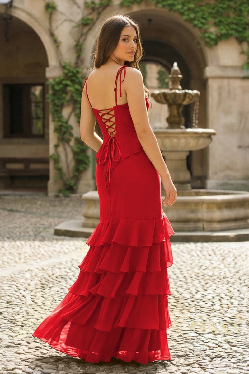 KissProm Tie Shoulder Red Mermaid Ruffle Tiered Long Prom Dress with Slit, Red / 14