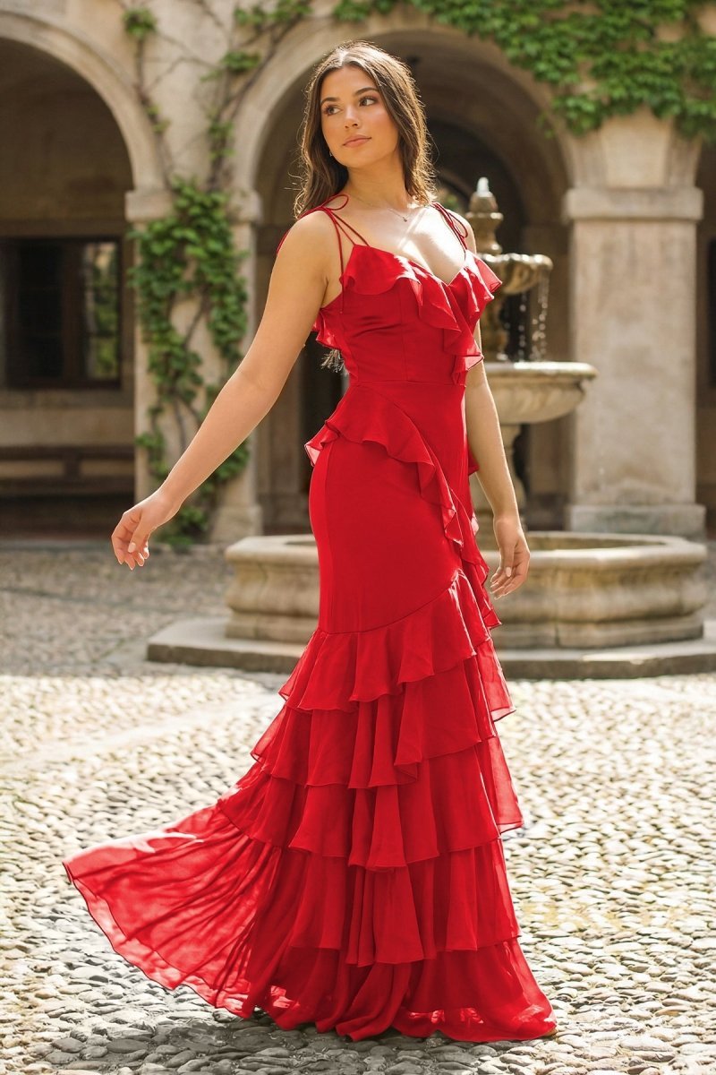 Tie Shoulder Red Mermaid Ruffle Tiered Long Prom Dress with Slit