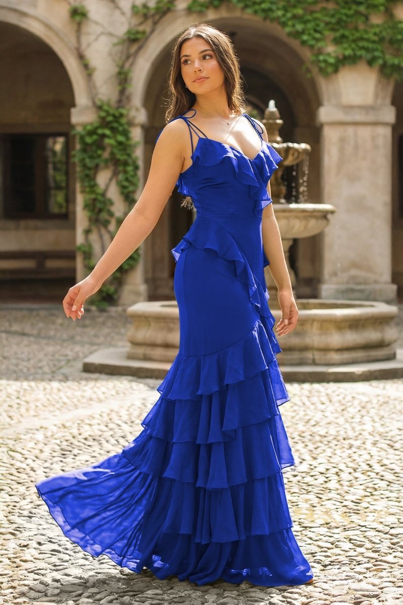 KissProm Tie Shoulder Red Mermaid Ruffle Tiered Long Prom Dress with Slit, Teal / 18