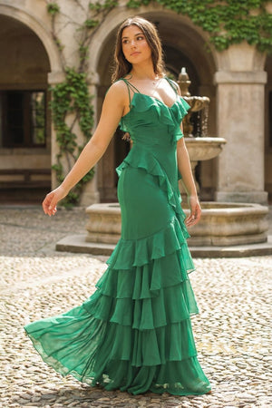 Tie Shoulder Red Mermaid Ruffle Tiered Long Prom Dress with Slit - KissProm