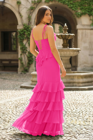 Tie Shoulder Hot Pink Mermaid Ruffle Tiered Long Prom Dress with Slit - KissProm