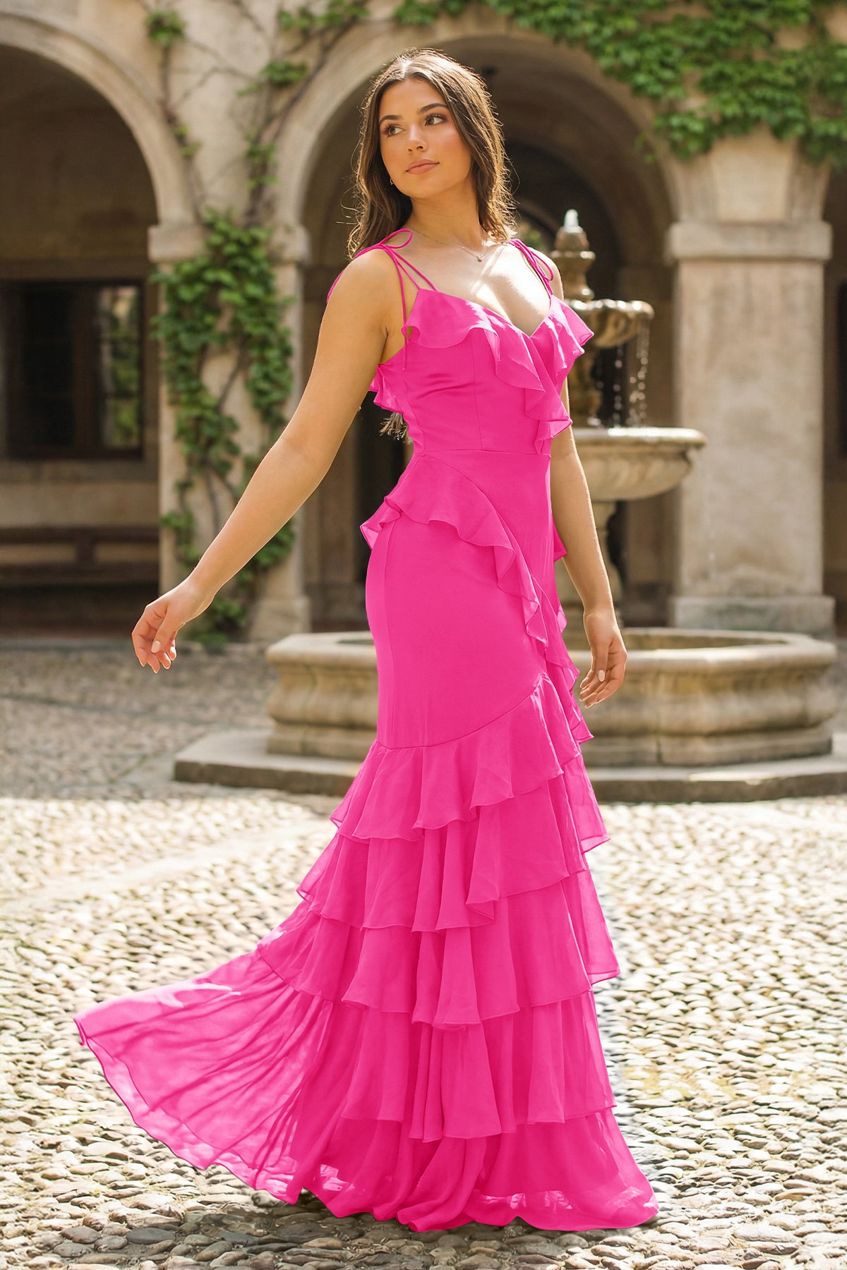 long pink ruffle dress Confte - Clara Tier Maxi Wedding Guest line maxi skirt adorned with tiers of ruffled detailing throughout for an ultra Brittany Red Cutout Ruffle A-Line