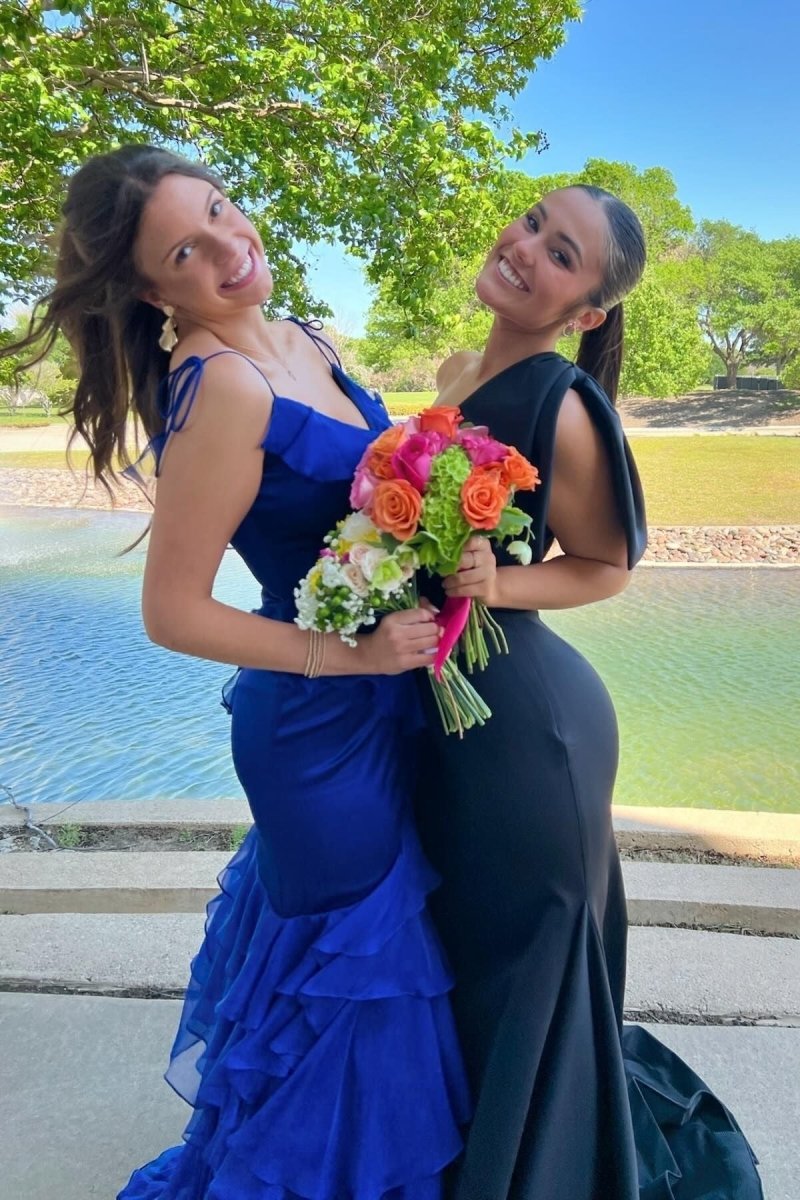 Tie Shoulder Red Mermaid Ruffle Tiered Long Prom Dress with Slit -KissProm