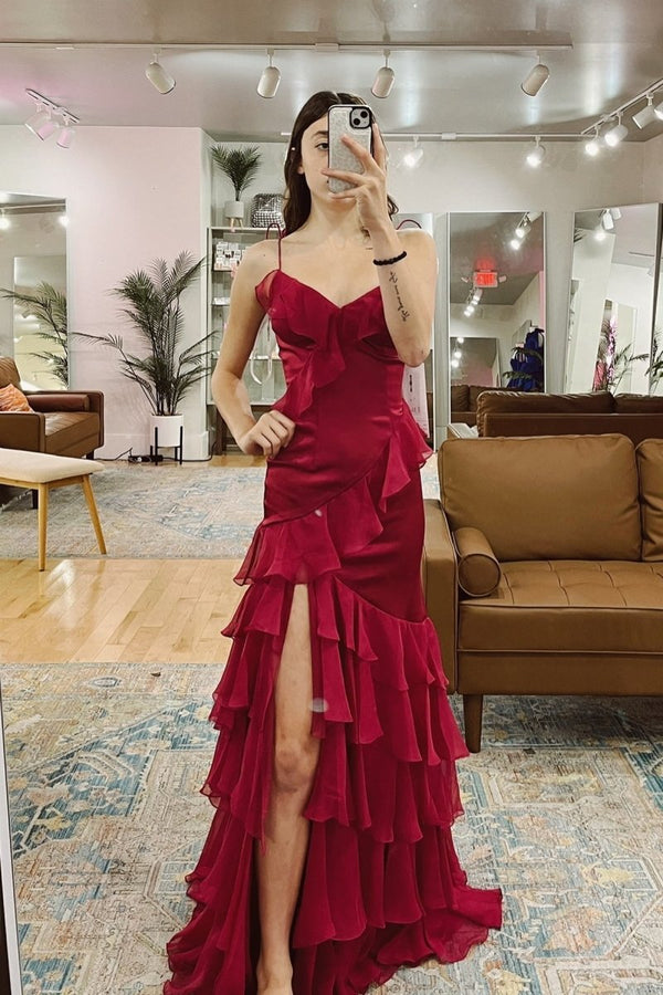 Tie Shoulder Red Mermaid Ruffle Tiered Long Prom Dress with Slit -KissProm