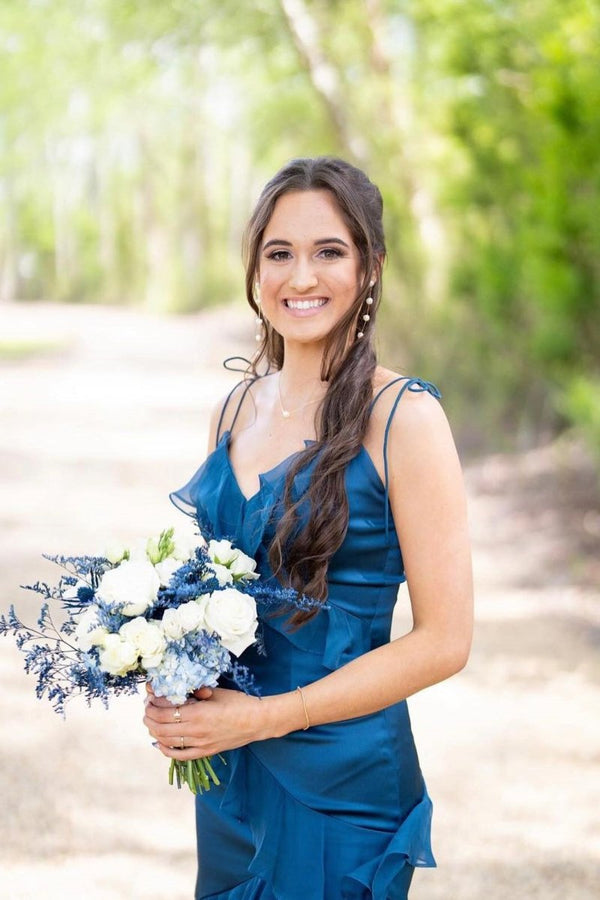 Tie Shoulder Red Mermaid Ruffle Tiered Long Prom Dress with Slit -KissProm