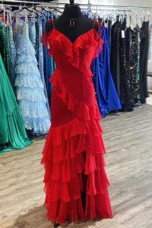 Tie Shoulder Red Mermaid Ruffle Tiered Long Prom Dress with Slit -KissProm