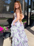 Haruko | A-Line Purple Strapless Chiffon Floral Ruffled Prom Dress With Slit - KissProm