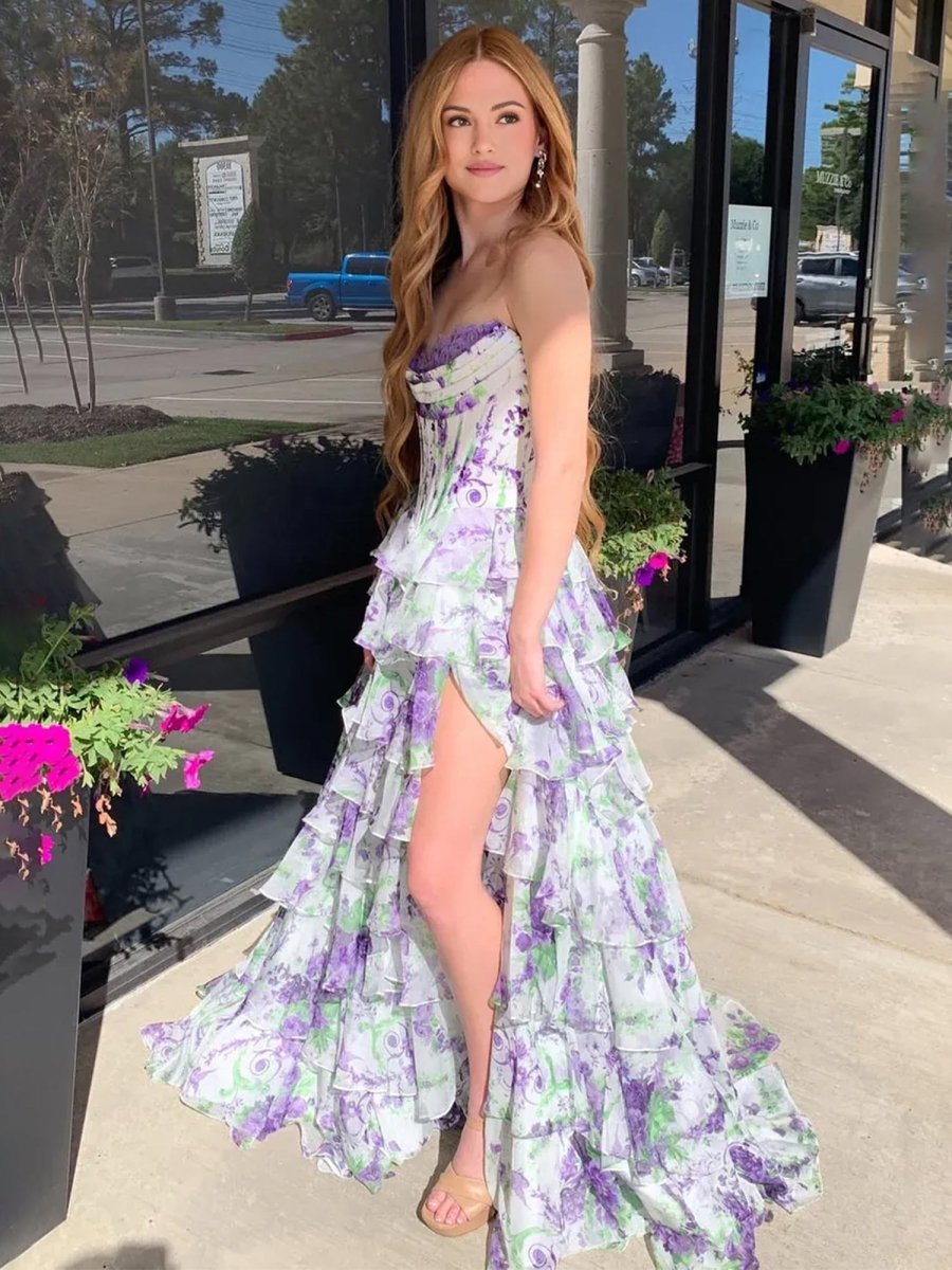 Haruko | A Line Floral Lilac Tiered Chiffon Long Corset Prom Dress with Slit - KissProm