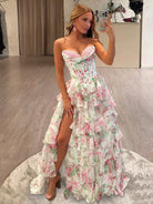 Haruko | A - Line Blush Strapless Chiffon Floral Ruffled Prom Dress With Slit - KissProm