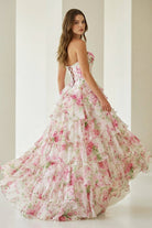 Haruko | A Line Floral Blush Tiered Chiffon Long Corset Prom Dress with Slit - KissProm