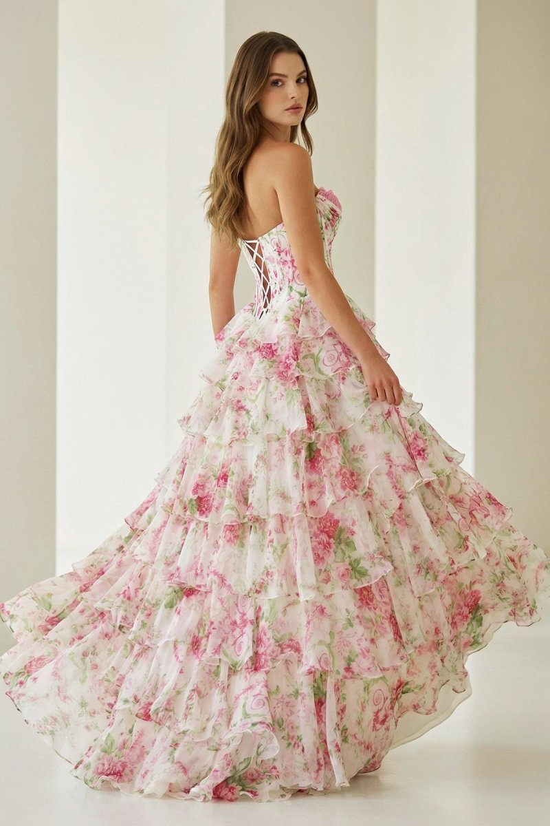 Haruko | A Line Floral Blush Tiered Chiffon Long Corset Prom Dress with Slit - KissProm