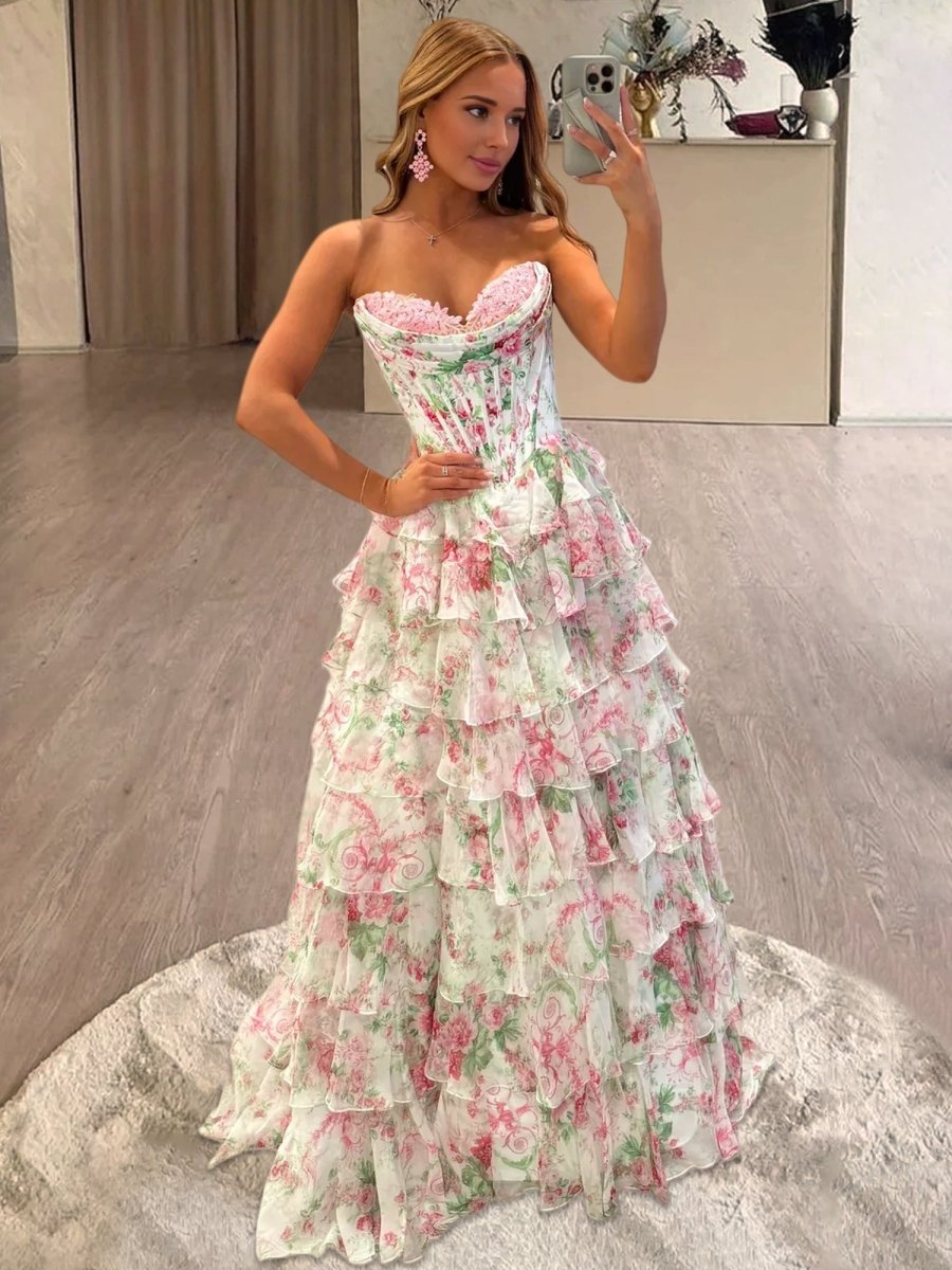Haruko | A - Line Blush Strapless Chiffon Floral Ruffled Prom Dress With Slit - KissProm