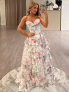 Haruko | A - Line Blush Strapless Chiffon Floral Ruffled Prom Dress With Slit - KissProm
