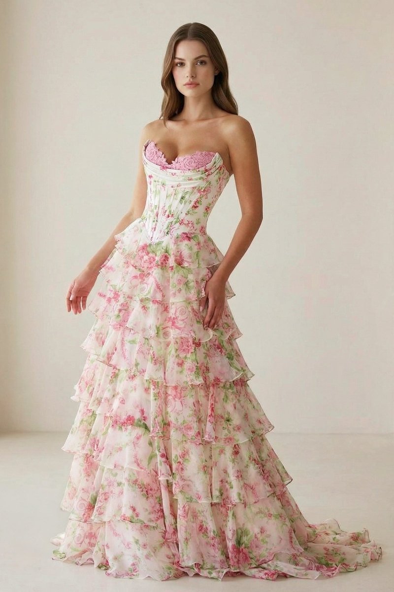 Haruko | A Line Floral Blush Tiered Chiffon Long Corset Prom Dress with Slit - KissProm