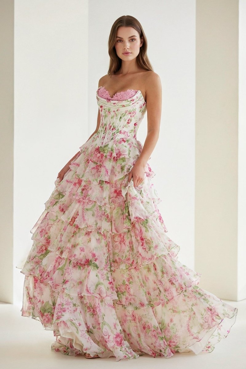 Haruko | A Line Floral Blush Tiered Chiffon Long Corset Prom Dress with Slit - KissProm
