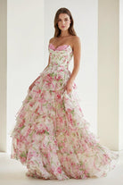 Haruko | A Line Floral Blush Tiered Chiffon Long Corset Prom Dress with Slit - KissProm