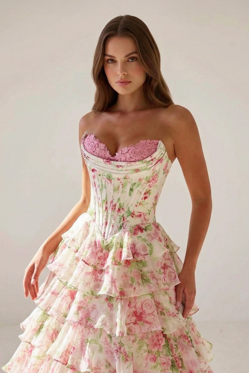 Haruko | A Line Floral Blush Tiered Chiffon Long Corset Prom Dress with Slit - KissProm