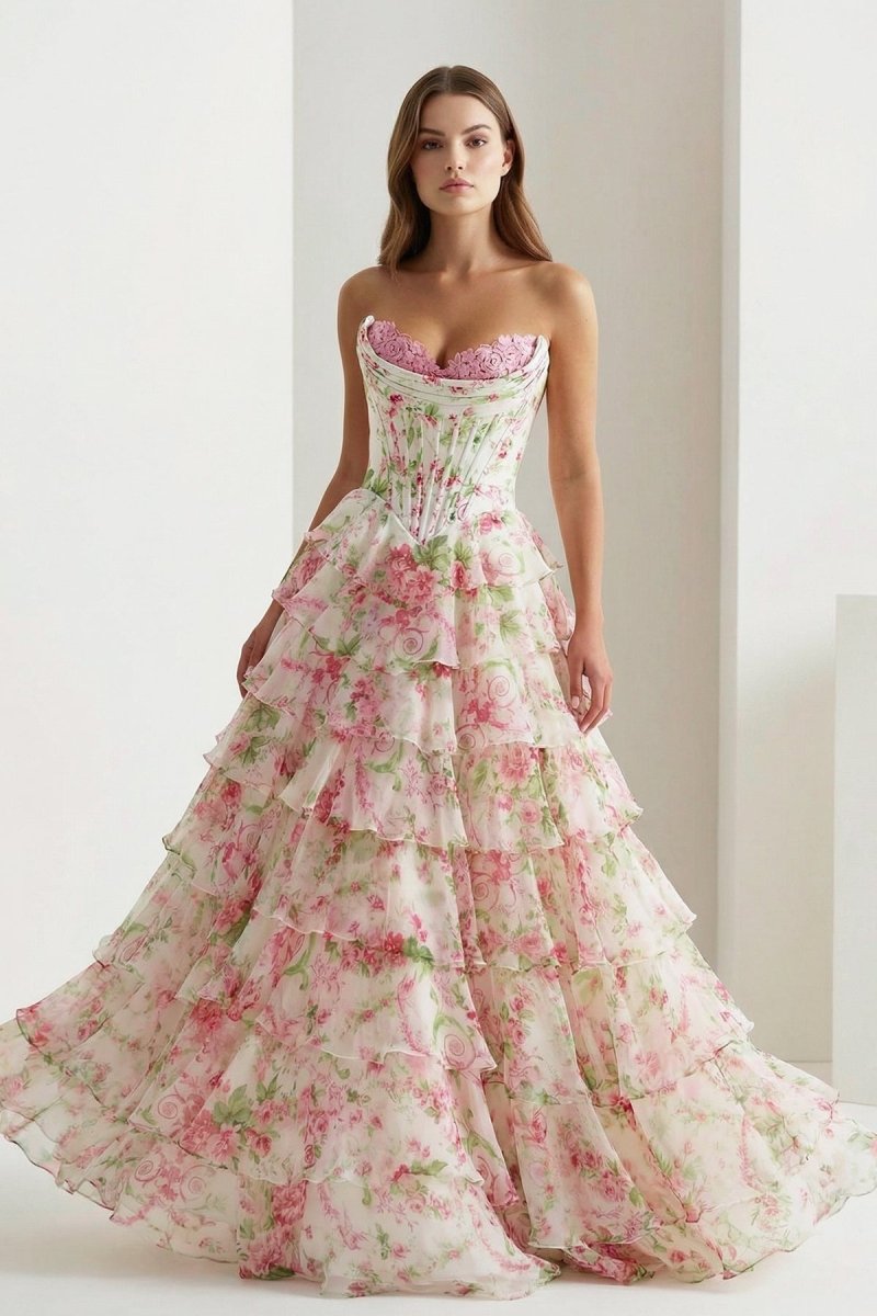 Haruko | A Line Floral Blush Tiered Chiffon Long Corset Prom Dress with Slit - KissProm