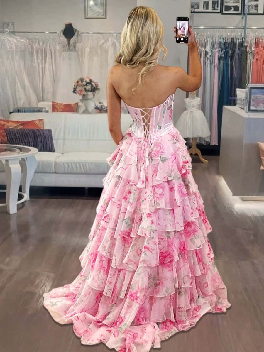 Haruko | A-Line Hot Pink Strapless Chiffon Floral Ruffled Prom Dress With Slit - KissProm