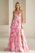 Haruko | A Line Floral Blush Tiered Chiffon Long Corset Prom Dress with Slit - KissProm