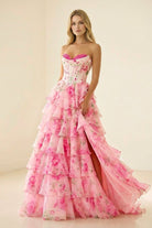 Haruko | A Line Floral Blush Tiered Chiffon Long Corset Prom Dress with Slit - KissProm