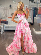 Haruko | A-Line Hot Pink Strapless Chiffon Floral Ruffled Prom Dress With Slit - KissProm