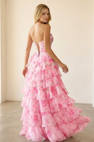 Haruko | A Line Floral Blush Tiered Chiffon Long Corset Prom Dress with Slit - KissProm