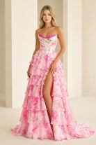 Haruko | A Line Floral Blush Tiered Chiffon Long Corset Prom Dress with Slit - KissProm
