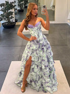 Haruko | A-Line Lilac Strapless Chiffon Floral Ruffled Prom Dress With Slit - KissProm