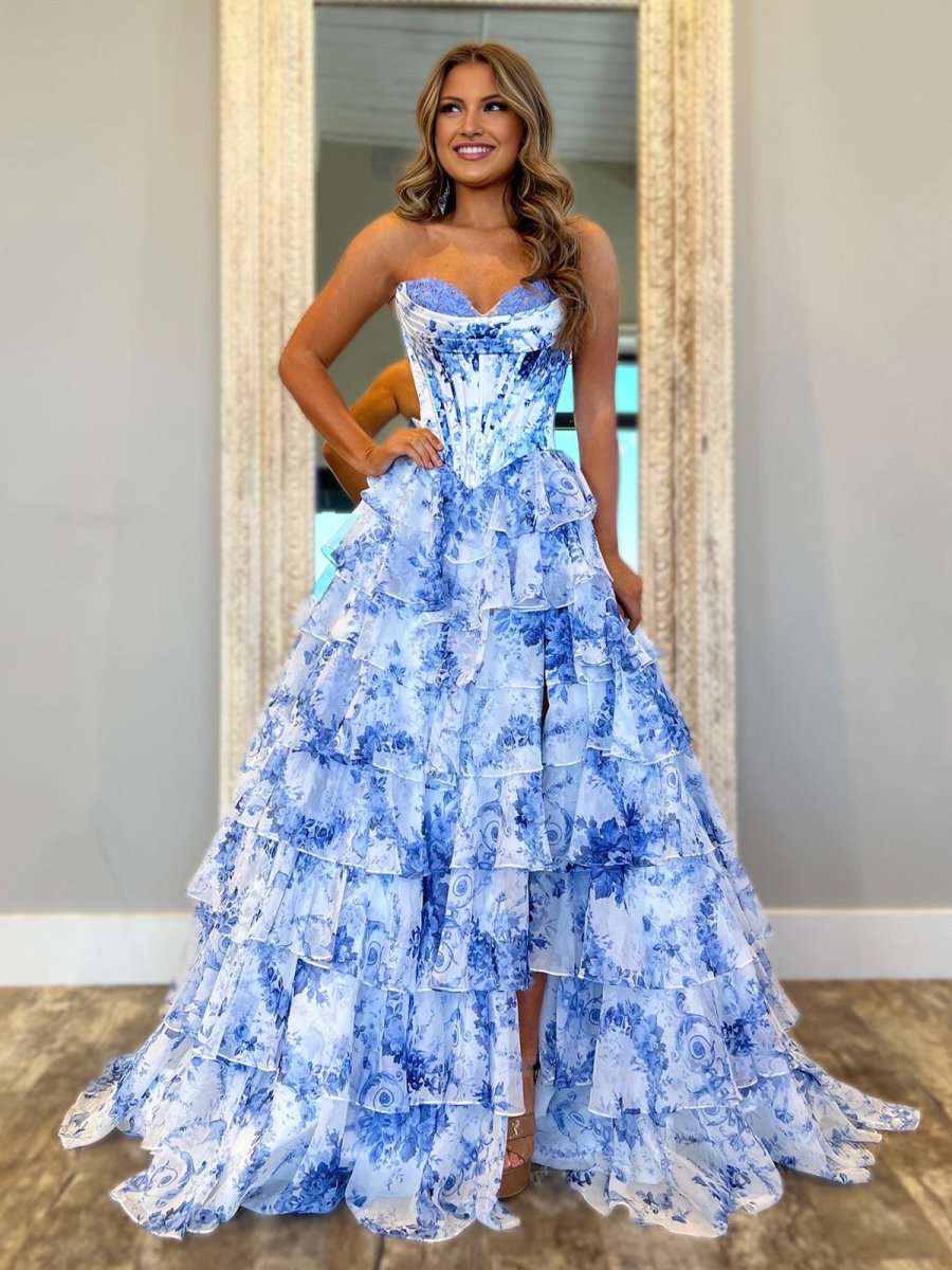 Haruko | A-Line Blue Strapless Chiffon Floral Ruffled Prom Dress With Slit - KissProm