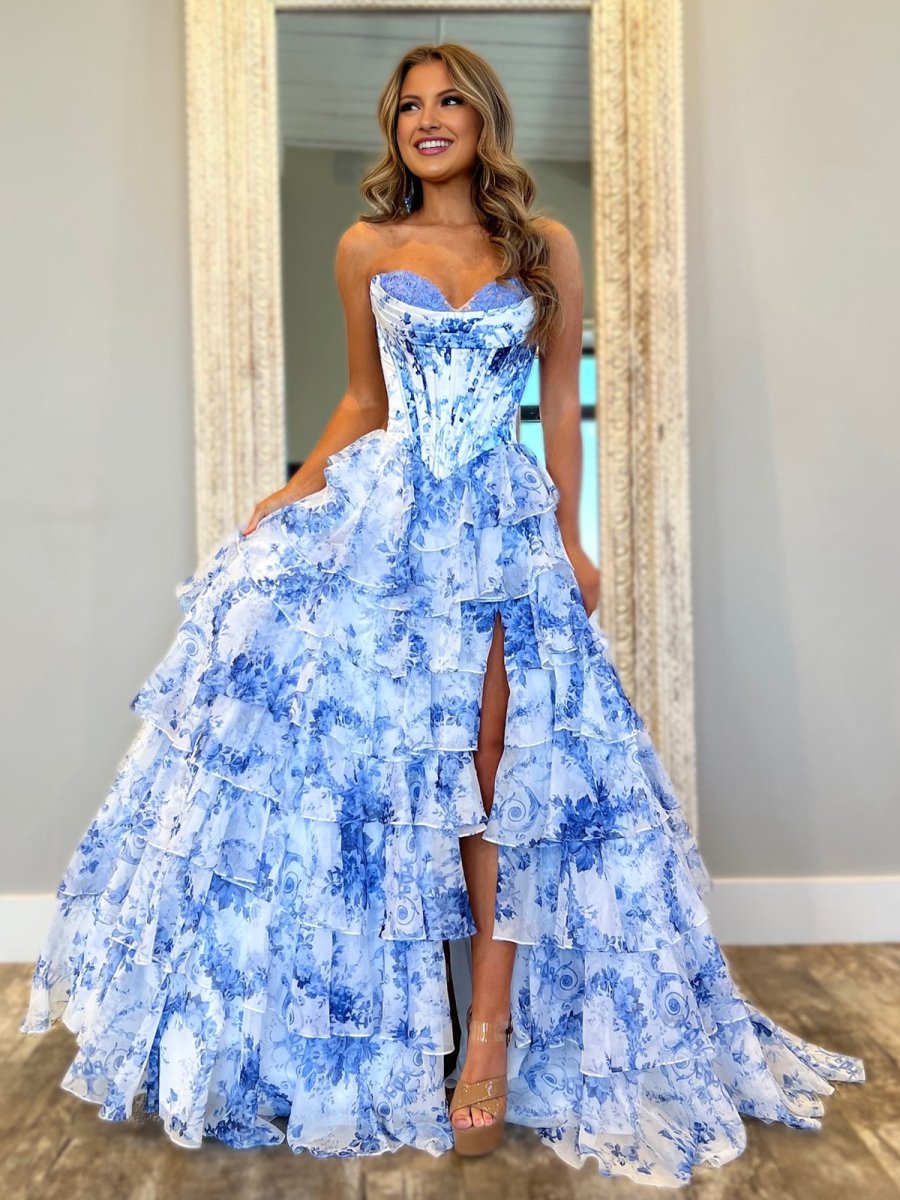 Haruko | A-Line Blue Strapless Chiffon Floral Ruffled Prom Dress With Slit - KissProm