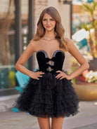 Havannah | Black - Strapless A Line Tiered Tulle Homecoming Dress With Bow