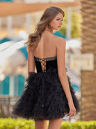 Havannah | Black - Strapless A Line Tiered Tulle Homecoming Dress With Bow