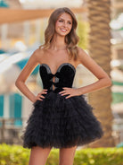 Havannah | Black - Strapless A Line Tiered Tulle Homecoming Dress With Bow