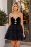 Havannah | Black - Strapless A Line Tiered Tulle Homecoming Dress With Bow