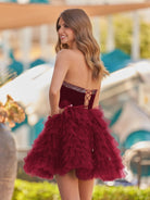 Havannah | Burgundy - Strapless A Line Tiered Tulle Homecoming Dress With Bow - KissProm