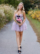 Haviah |  Pink - A Line Strapless Dot Tulle Ruffle Homecoming Dresses With Bow